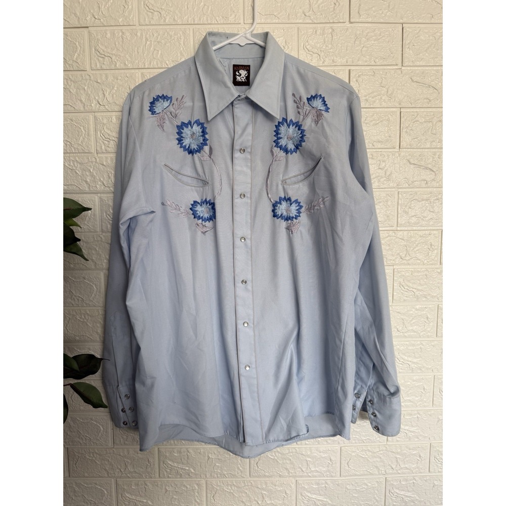 Vintage Karman Western Shirt Pearl Snap Floral Embroidery Blue Mens Large